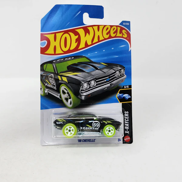 Smily Buds - Hot Wheels - '69 Chevelle - JJJ23 - X-Raycers 3/5 - Short Card - Black/Neon Green Racing Design - Official Licensed Model - Mattel 2026 (53/250)