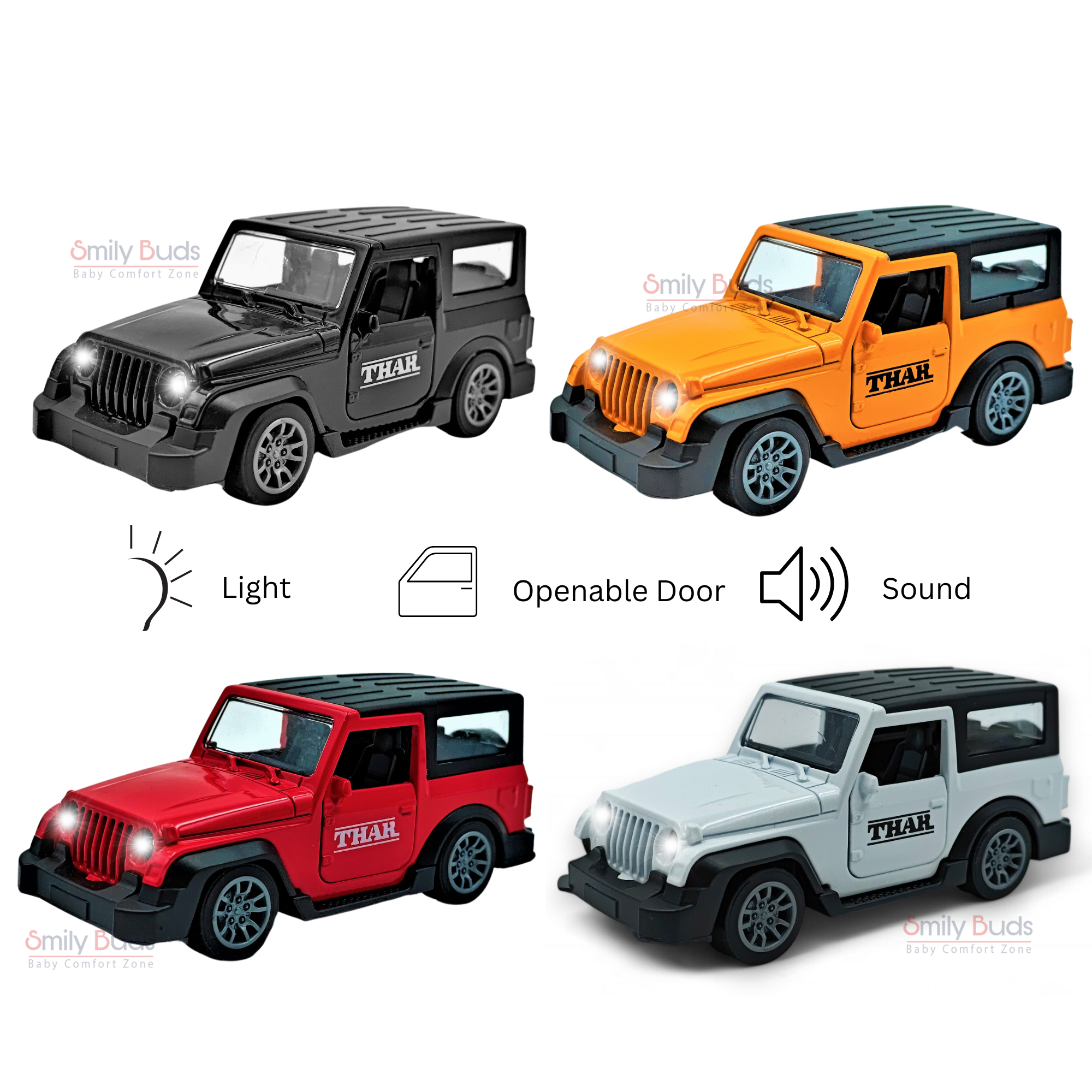 Smily Buds Mahindra Thar Die-cast Metal Pullback Toy Car with Openable Doors, Light and Sound for Kids | 1:36 Scale | Pull Back