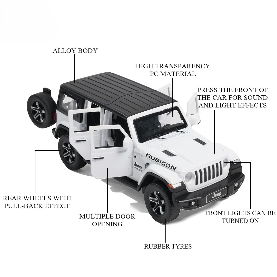 Smily Buds - Red Die Cast Jeep Wrangler Rubicon Diecast Vehicles Toys for Kids Openable Doors Blinking Light & Music Car Jeep Toys - White