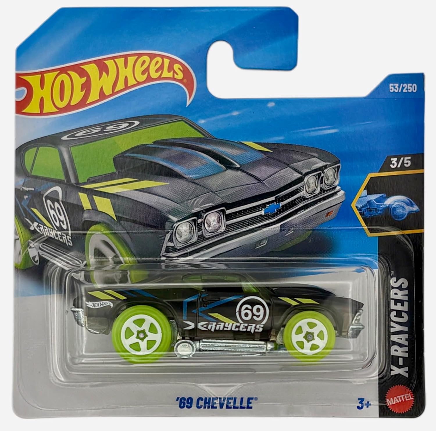 Smily Buds - Hot Wheels - '69 Chevelle - JJJ23 - X-Raycers 3/5 - Short Card - Black/Neon Green Racing Design - Official Licensed Model - Mattel 2026 (53/250)