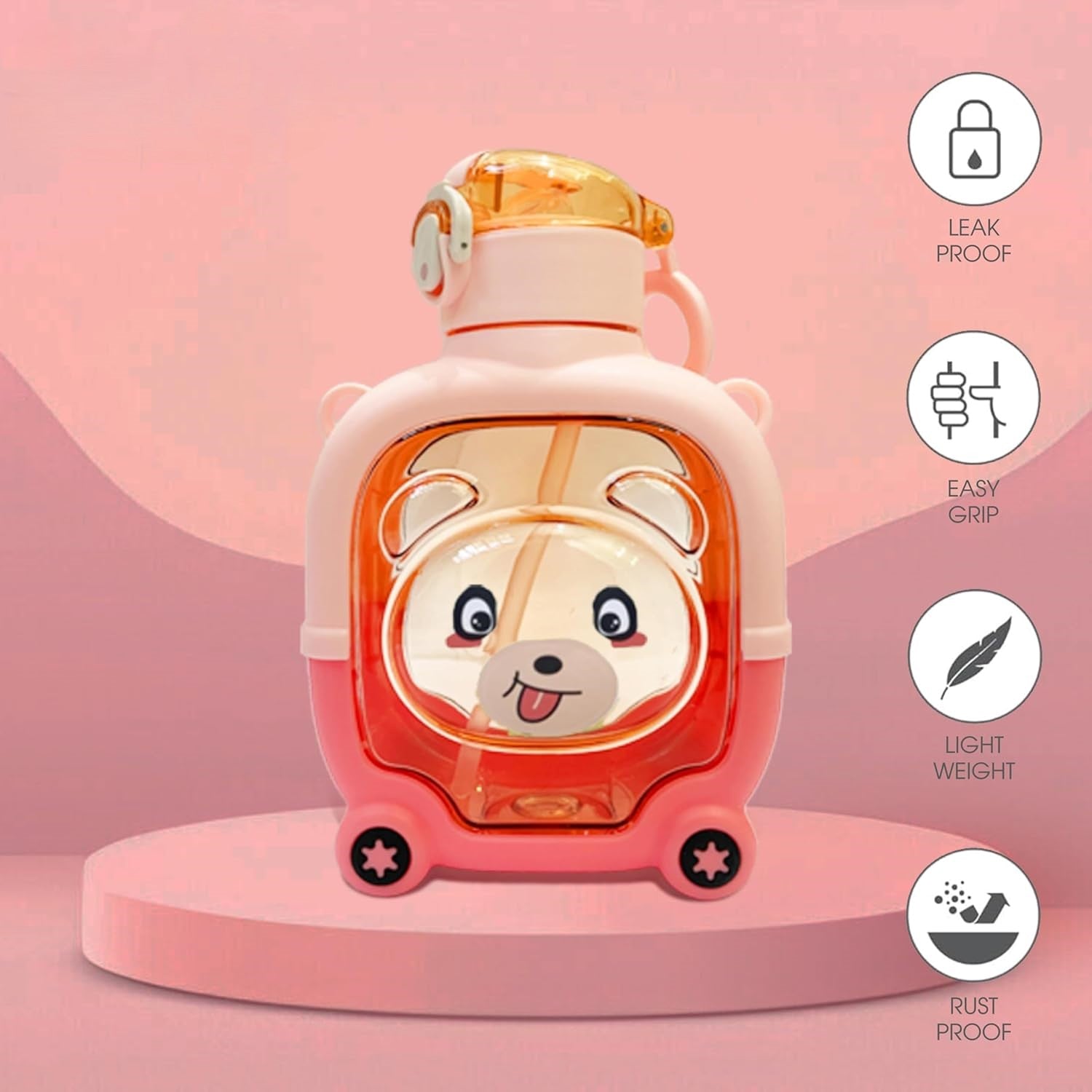 Smily Buds - Teddy Bear Water Bottle, Leakproof and BPA-Free, Insulated Sipper for Kids - Pink - Smily Buds