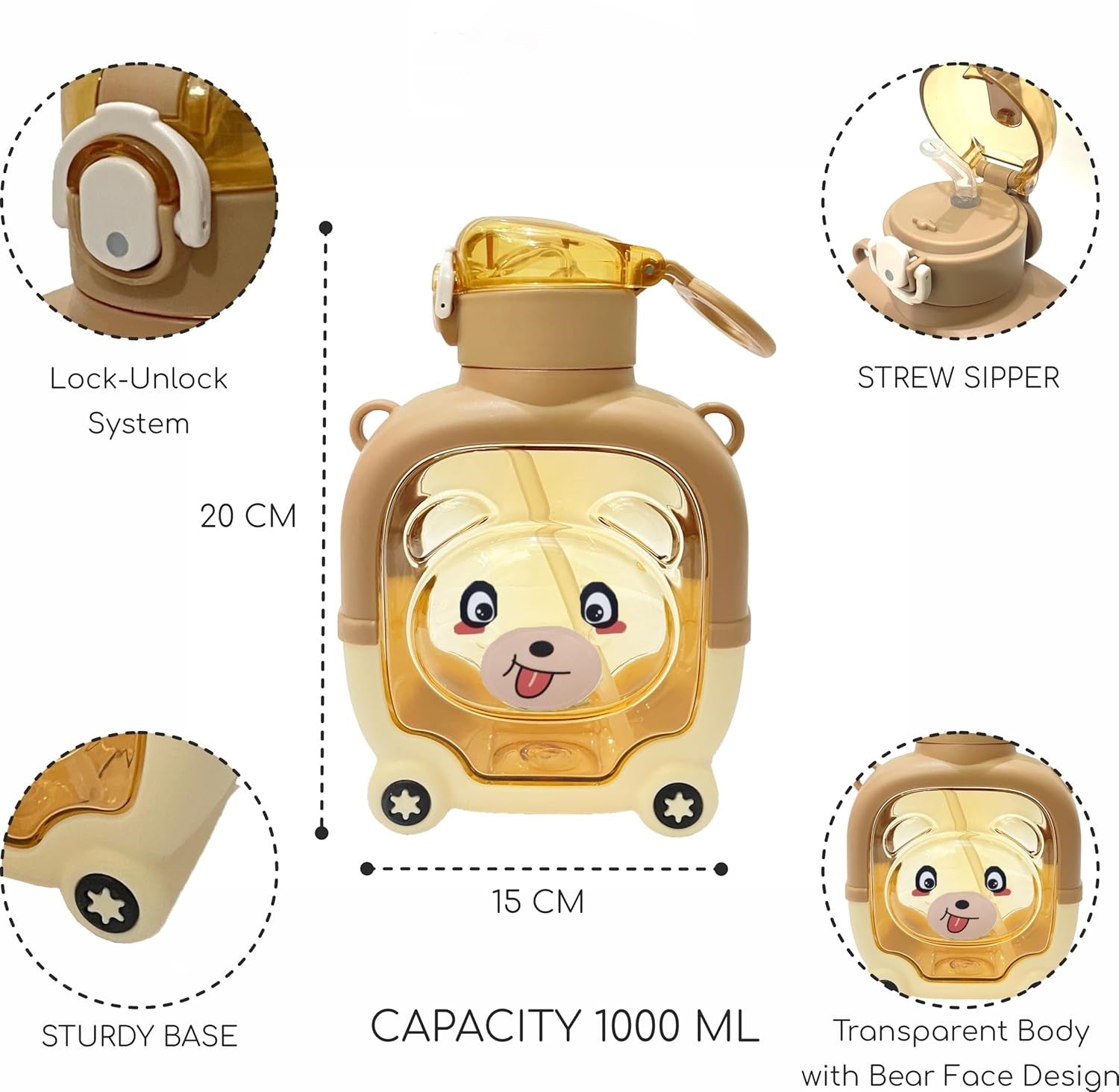 Smily Buds - Teddy Bear Water Bottle, Leakproof and BPA-Free, Insulated Sipper for Kids - Brown