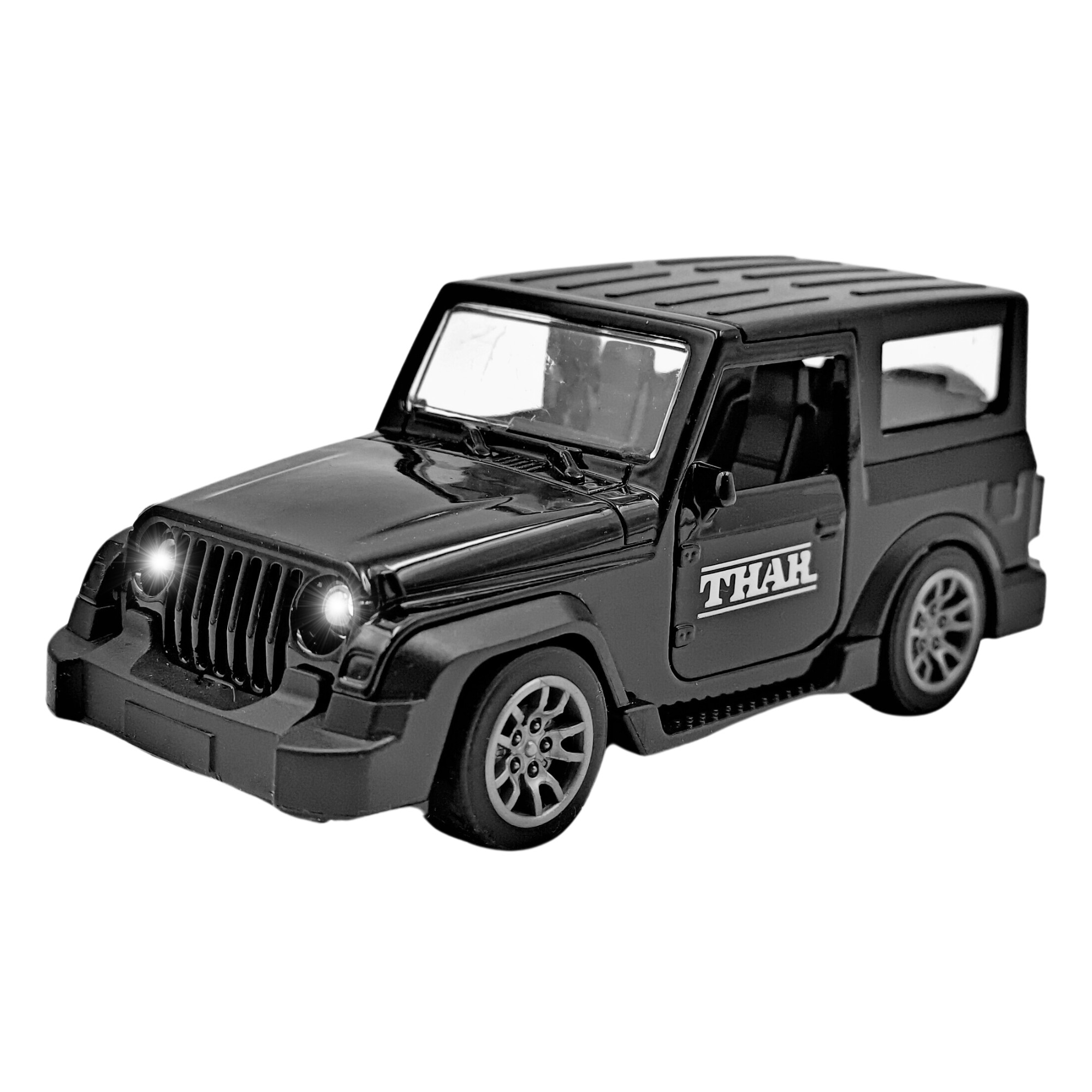 Smily Buds Mahindra Thar Die-cast Metal Pullback Toy Car with Openable Doors, Light and Sound for Kids | 1:36 Scale | Pull Back