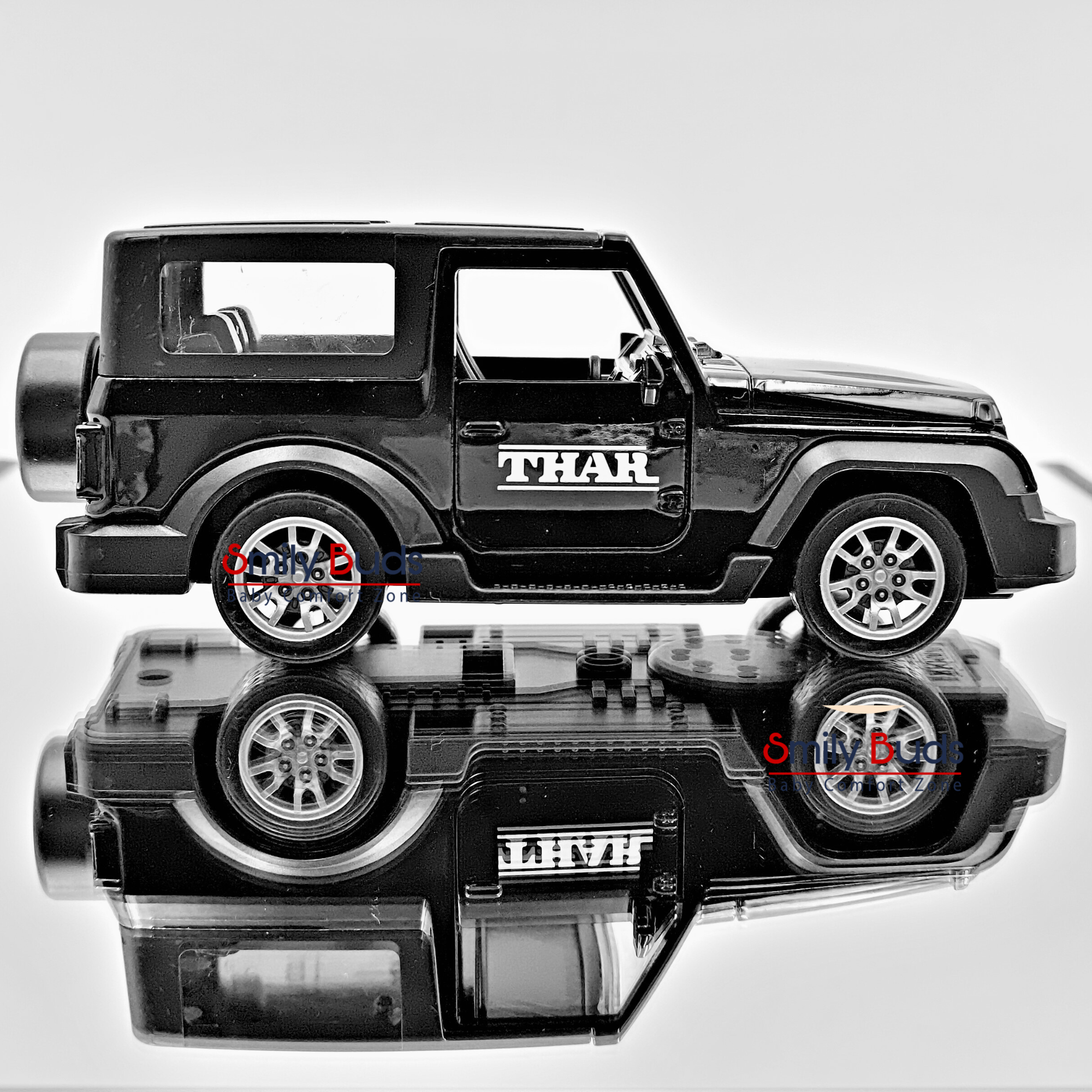 Smily Buds Mahindra Thar Die-cast Metal Pullback Toy Car with Openable Doors, Light and Sound for Kids | 1:36 Scale | Pull Back