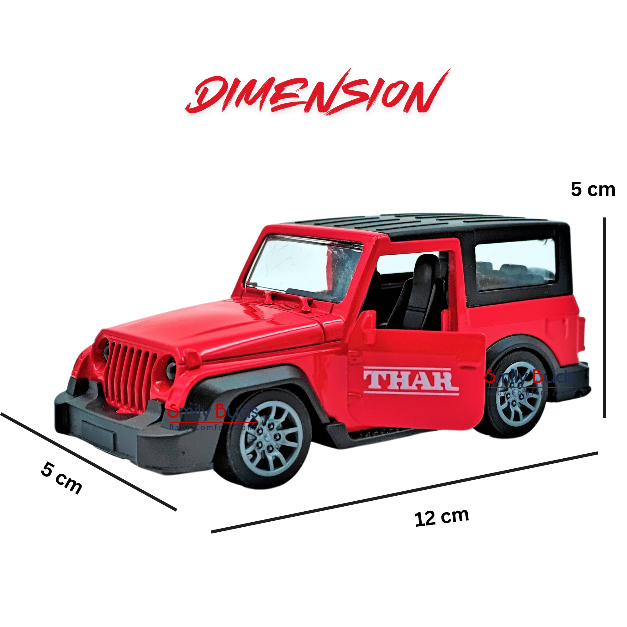 Smily Buds Mahindra Thar Die-cast Metal Pullback Toy Car with Openable Doors, Light and Sound for Kids | 1:36 Scale | Pull Back