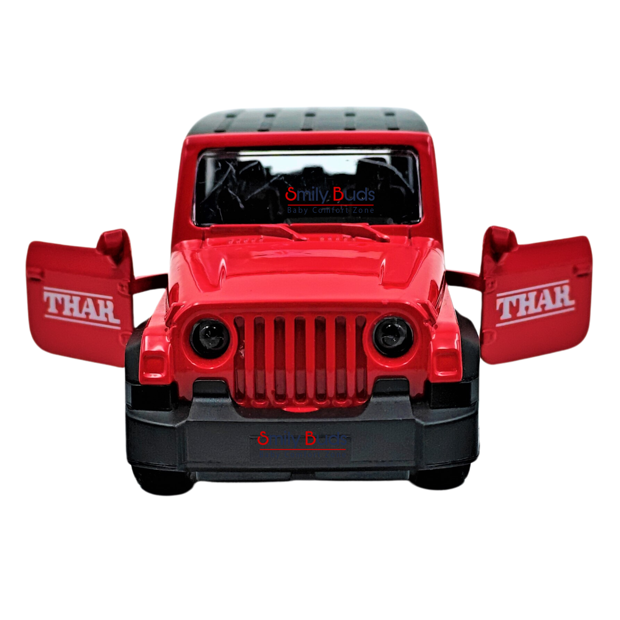 Smily Buds Mahindra Thar Die-cast Metal Pullback Toy Car with Openable Doors, Light and Sound for Kids | 1:36 Scale | Pull Back