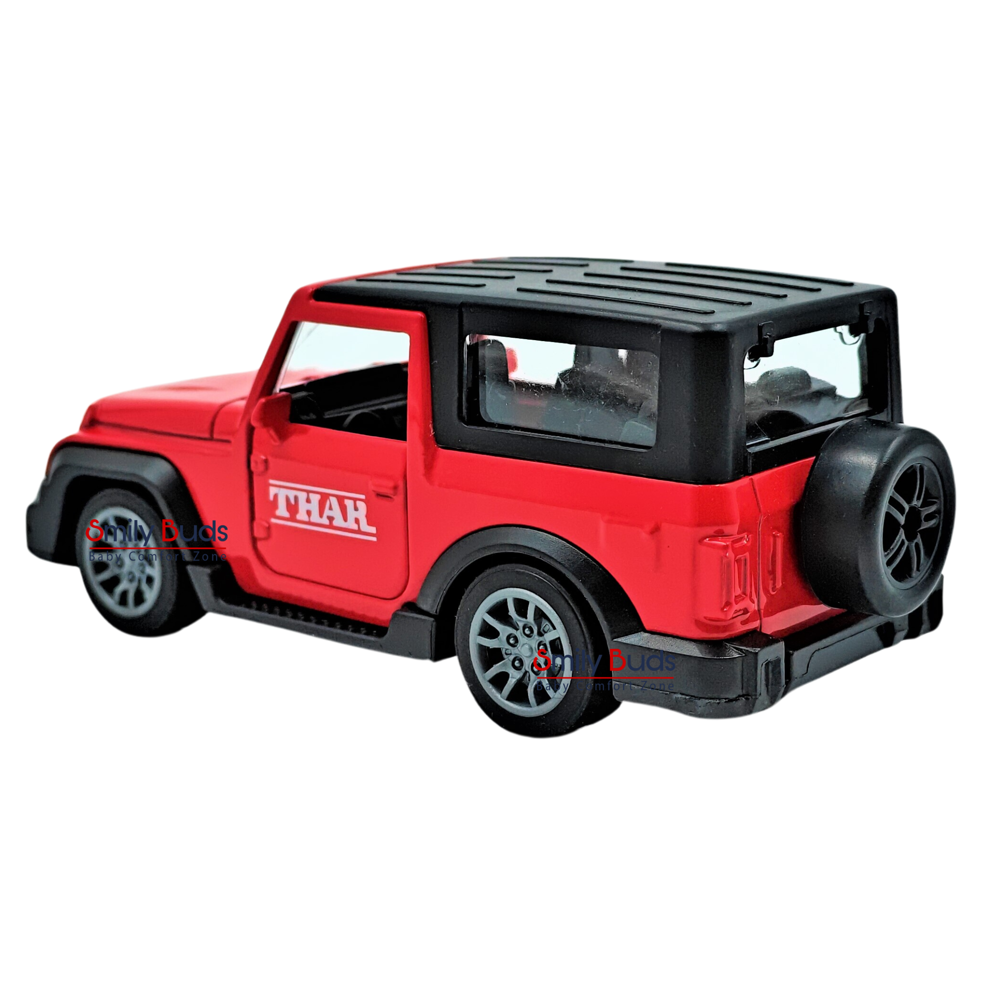 Smily Buds Mahindra Thar Die-cast Metal Pullback Toy Car with Openable Doors, Light and Sound for Kids | 1:36 Scale | Pull Back