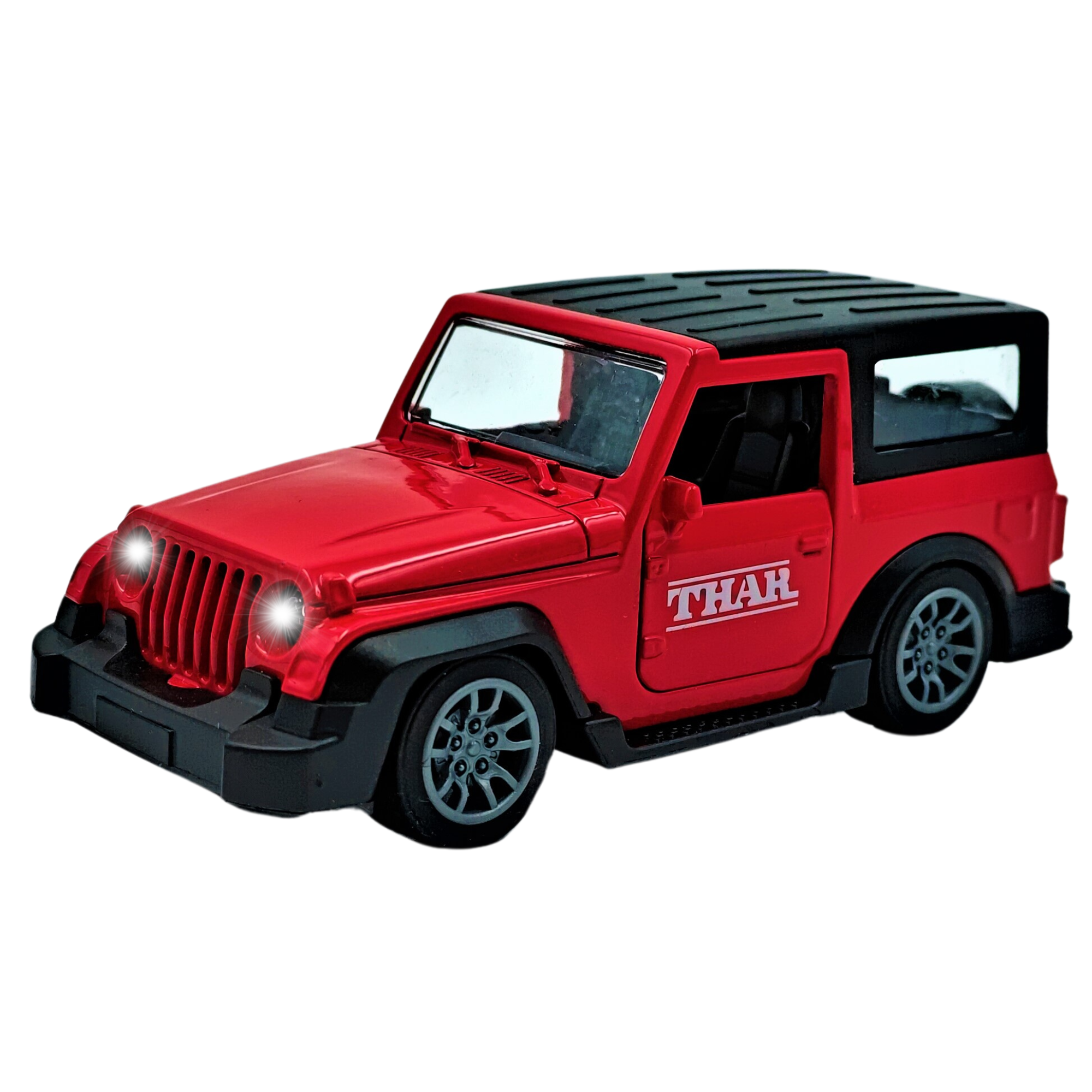 Smily Buds Mahindra Thar Die-cast Metal Pullback Toy Car with Openable Doors, Light and Sound for Kids | 1:36 Scale | Pull Back