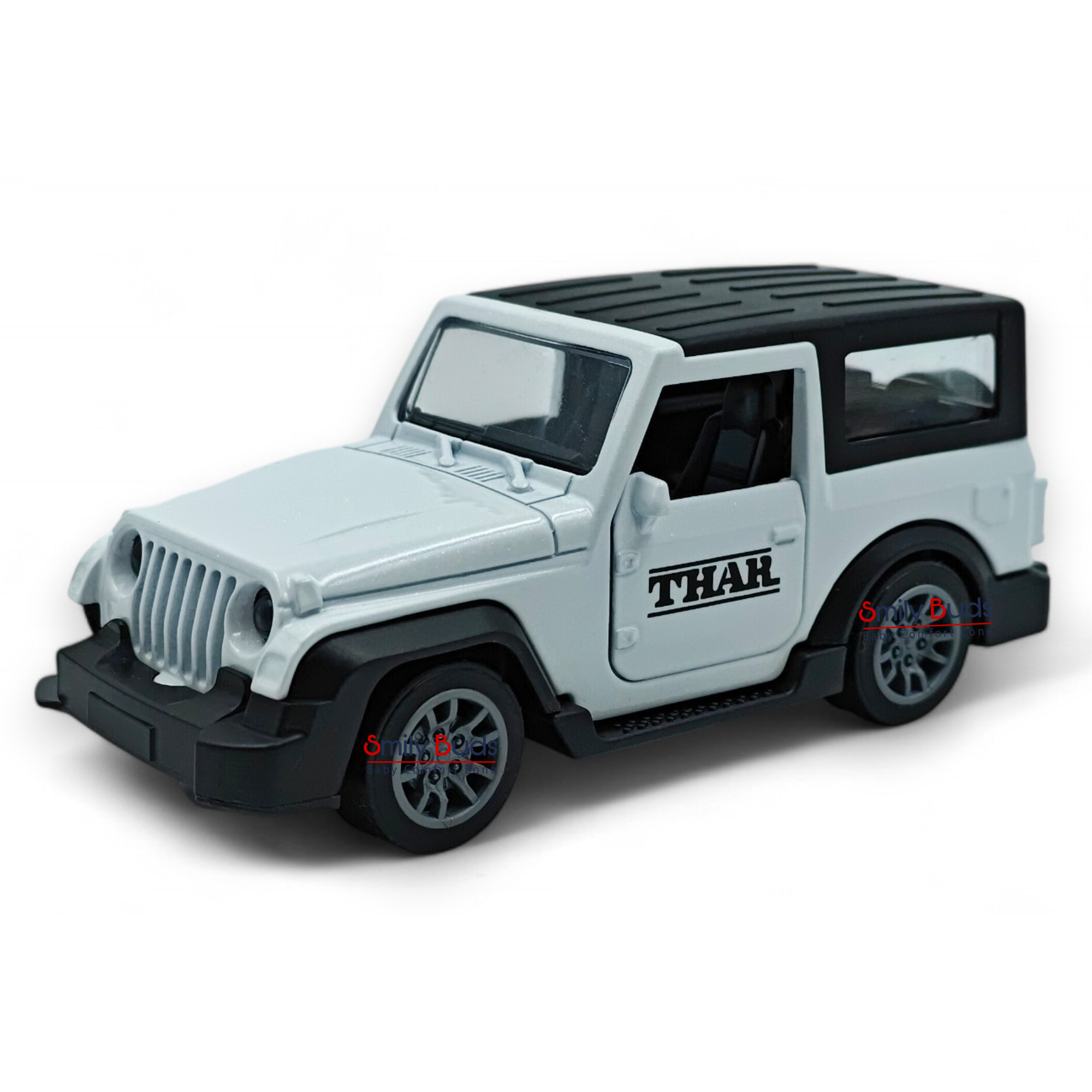 Smily Buds Mahindra Thar Die-cast Metal Pullback Toy Car with Openable Doors, Light and Sound for Kids | 1:36 Scale | Pull Back