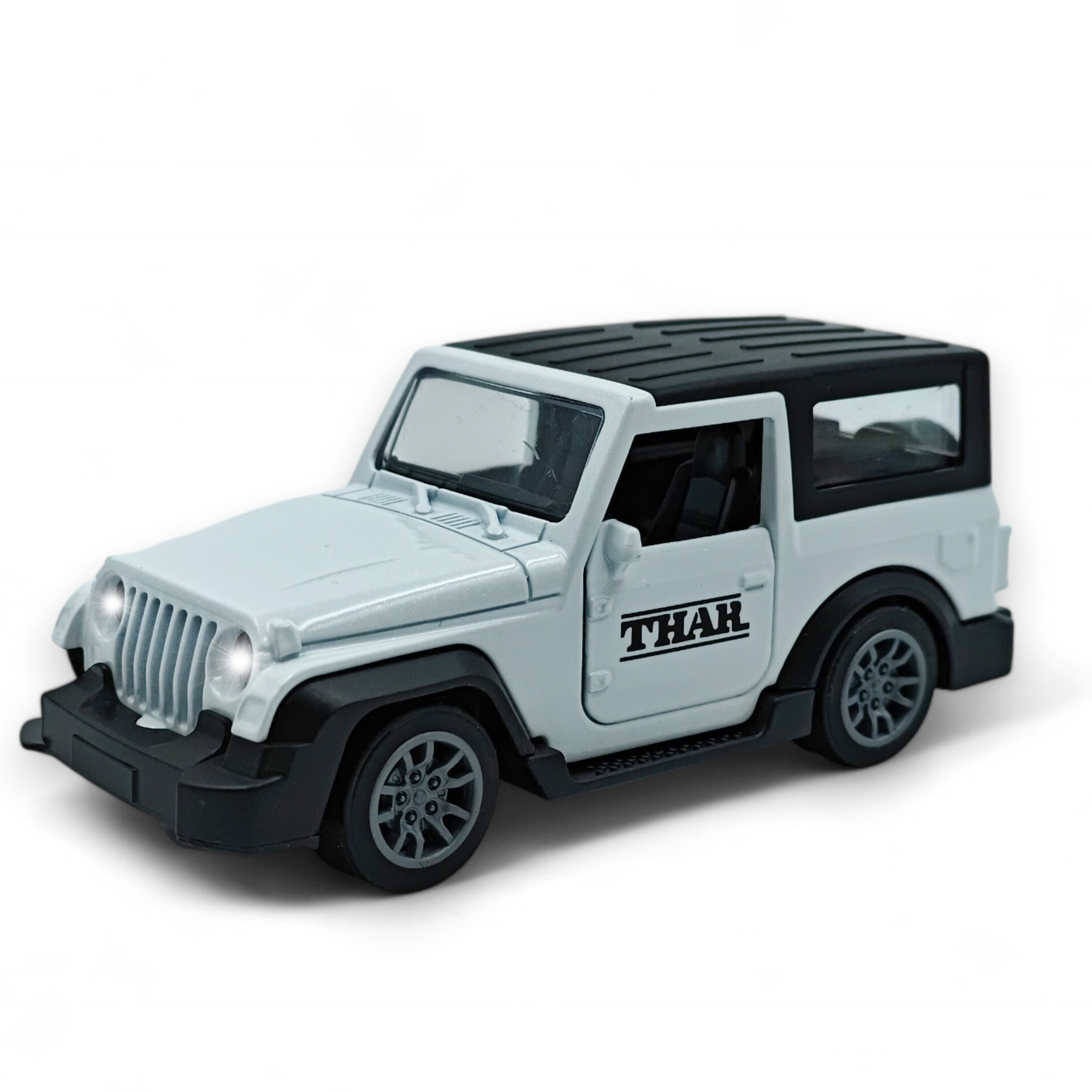 Smily Buds Mahindra Thar Die-cast Metal Pullback Toy Car with Openable Doors, Light and Sound for Kids | 1:36 Scale | Pull Back