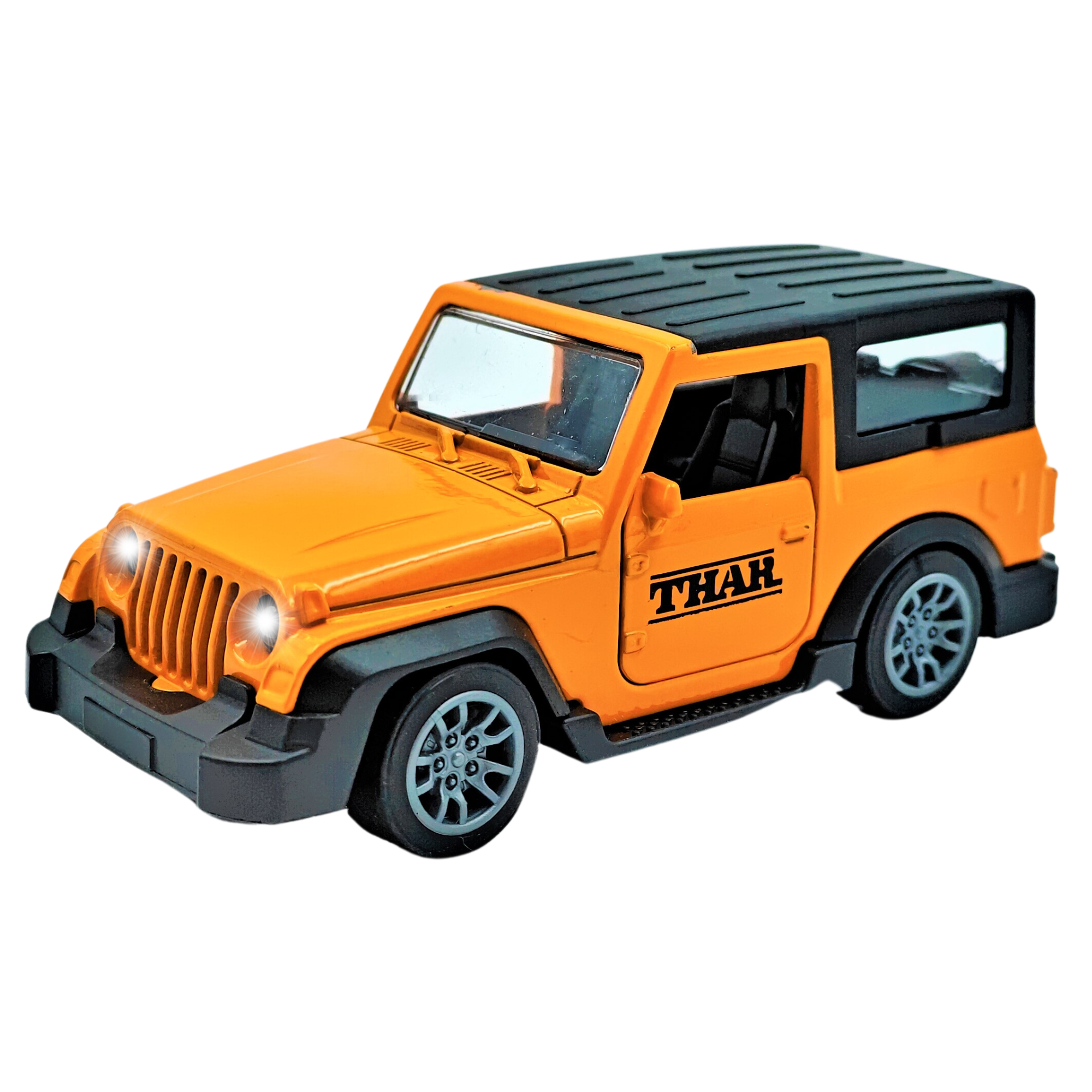 Smily Buds Mahindra Thar Die-cast Metal Pullback Toy Car with Openable Doors, Light and Sound for Kids | 1:36 Scale | Pull Back