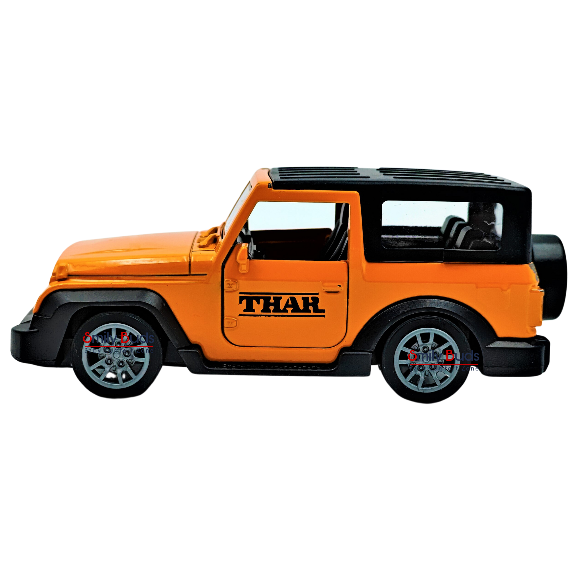 Smily Buds Mahindra Thar Die-cast Metal Pullback Toy Car with Openable Doors, Light and Sound for Kids | 1:36 Scale | Pull Back