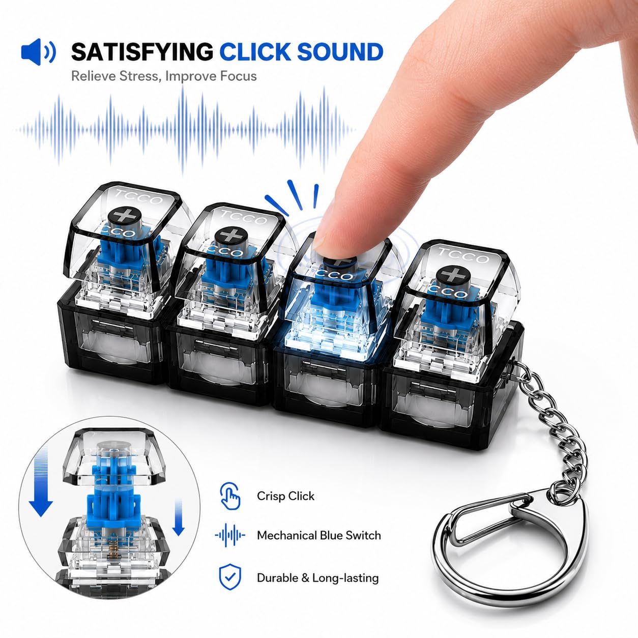 Smily Buds ransparent Mechanical Switch Fidget Keychain for Stress Relief | Clicky Desk Toy for Adults | Portable EDC Keyring Gadget for Office