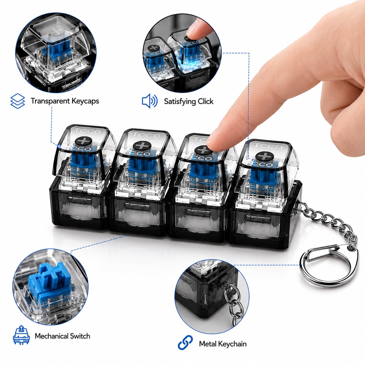 Smily Buds ransparent Mechanical Switch Fidget Keychain for Stress Relief | Clicky Desk Toy for Adults | Portable EDC Keyring Gadget for Office