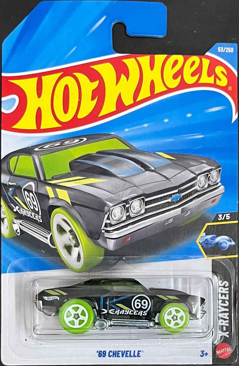 Smily Buds - Hot Wheels - '69 Chevelle - JJJ23 - X-Raycers 3/5 - Short Card - Black/Neon Green Racing Design - Official Licensed Model - Mattel 2026 (53/250)